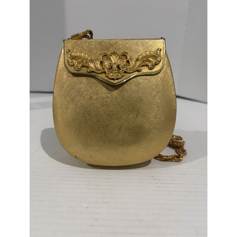 HARRY ROSENFELD Flower Embossed Brass Metal Bag - Gold Metal Hard Body 1970's